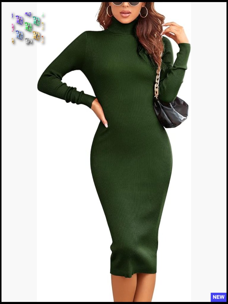 Elegant Turtleneck Ribbed Knit Sweater Dress Midi Slim Fit Long Sleeve